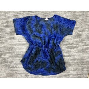 Loop 18 Geometric Blouse Juniors 13/15 Blue Short Sleeve Scoop Neck Empire Waist